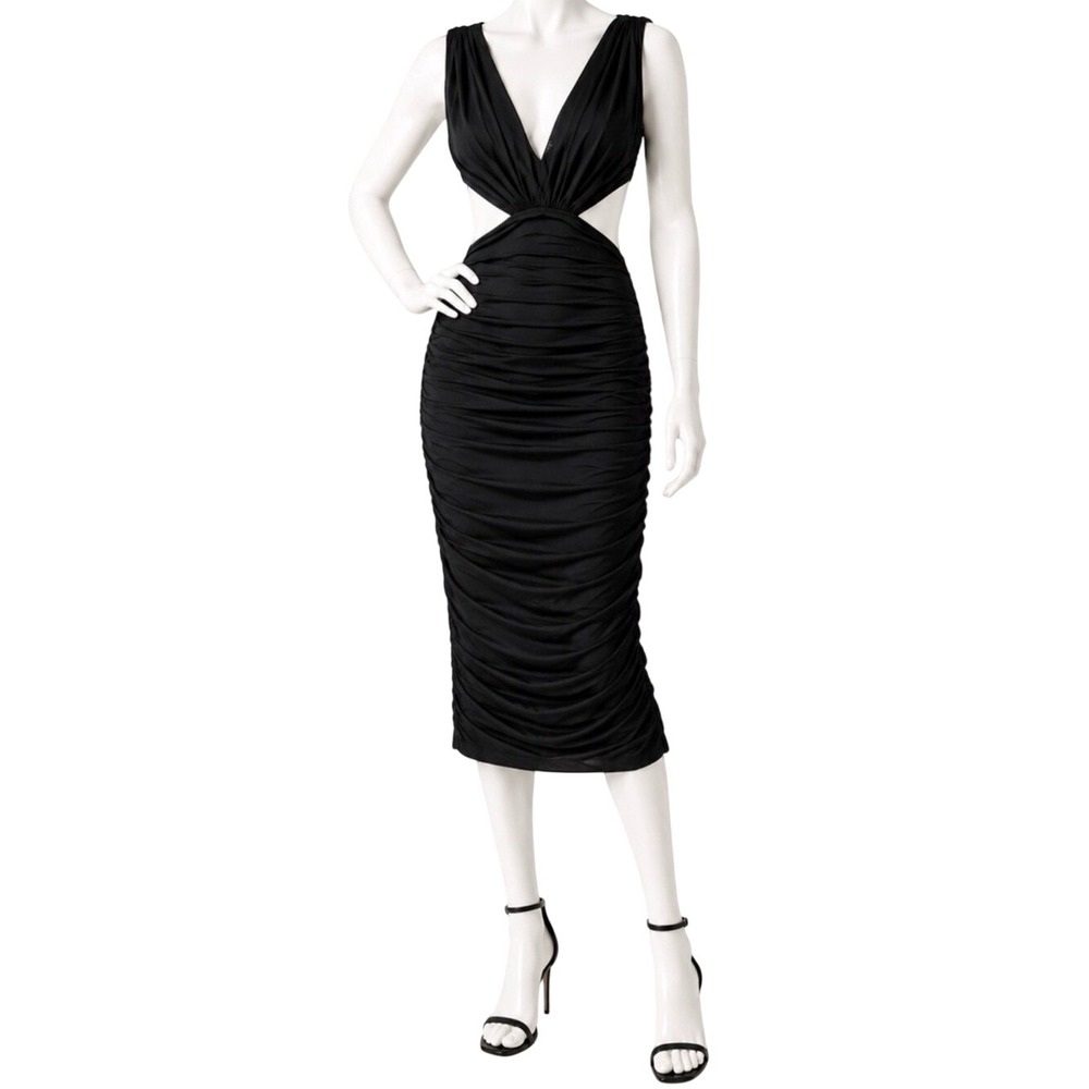 AKIRA Black Ruched Backless Cutout Bodycon Midi | Sz L